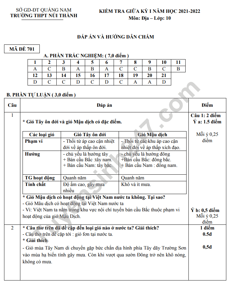 De giua ki 1 mon Dia lop 10 - THPT Nui Thanh 2021