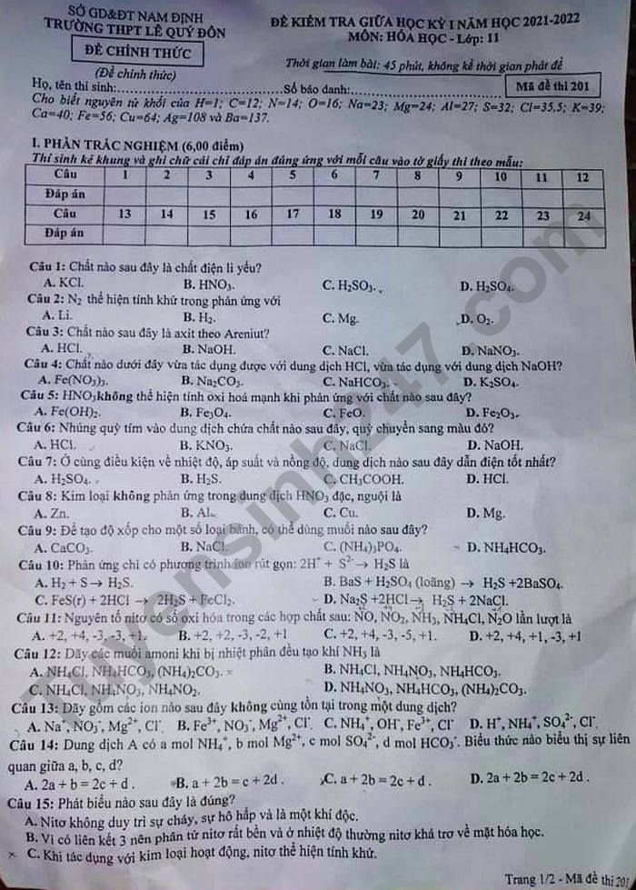 De thi giua ki 1 mon Hoa lop 11 - THPT Le Quy Don 2021