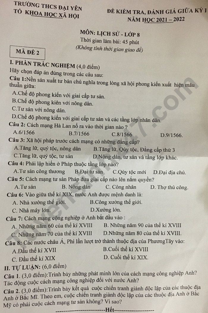 De thi giua ki 1 mon Su lop 8 - THCS Dai Yen 2021