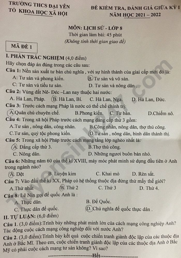 De thi giua ki 1 mon Su lop 8 - THCS Dai Yen 2021