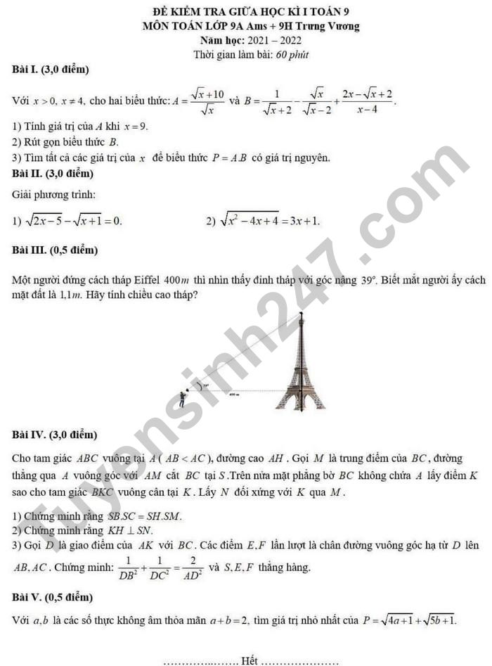 De thi giua ki 1 Toan lop 9 Ams - Trung Vuong 2021