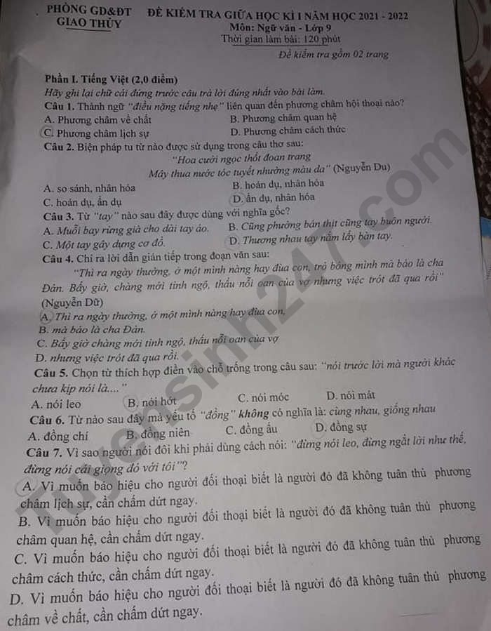 De thi giua ki 1 lop 9 mon Van 2021 - Phong GD Giao Thuy