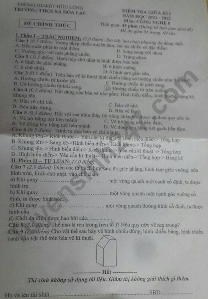 De thi giua ki 1 mon Cong nghe lop 8 - THCS Xa Hoa Lac 2021