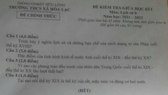 De thi giua ki 1 lop 8 mon Su 2021 - THCS Xa Hoa Lac