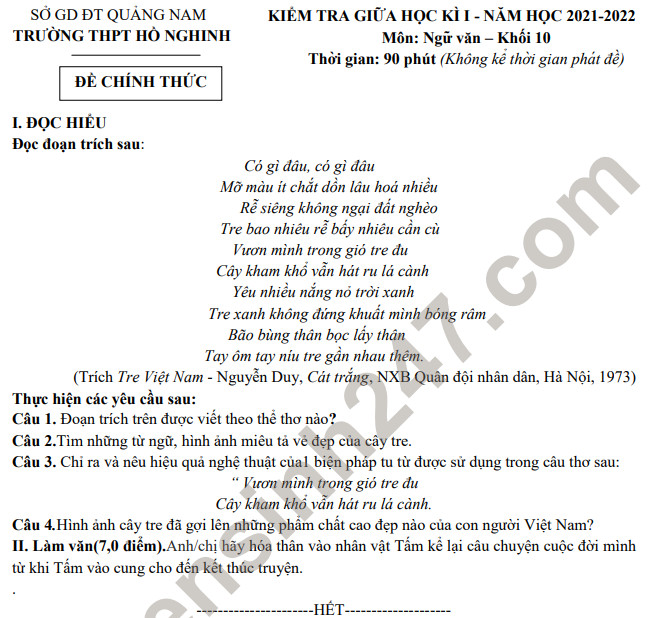 De thi giua ki 1 Van 10 THPT Ho Nghinh 2021 - Co dap an