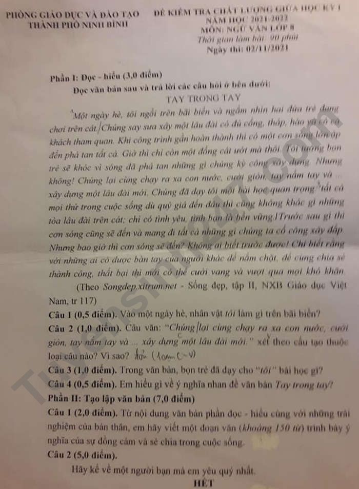 De kiem tra giua ki 1 Van 8 nam 2021 - Thanh pho Ninh Binh