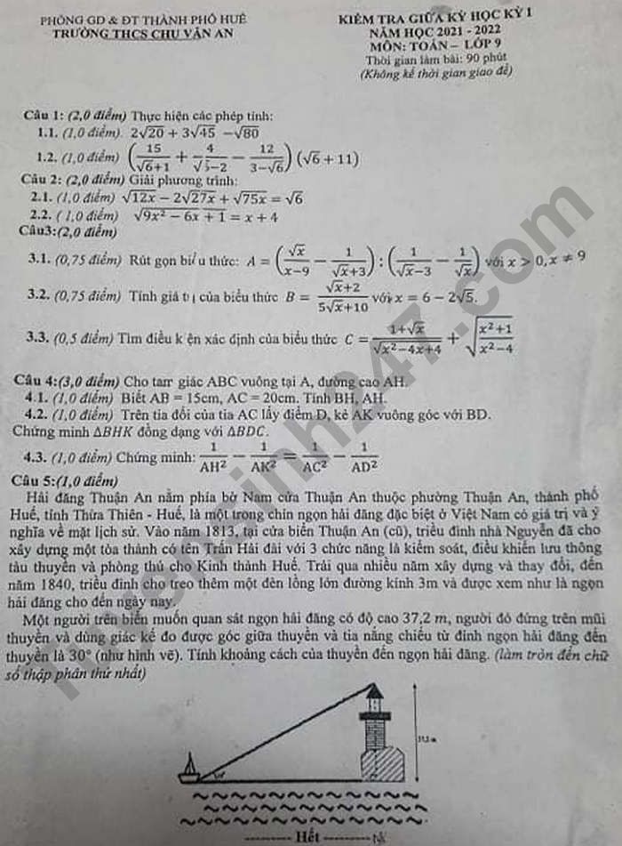 De kiem tra giua ki 1 Toan lop 9 nam 2021 - THCS Chu Van An
