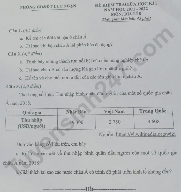 De thi giua ki 1 mon Dia lop 8 nam 2021 - Phong GD Luc Ngan