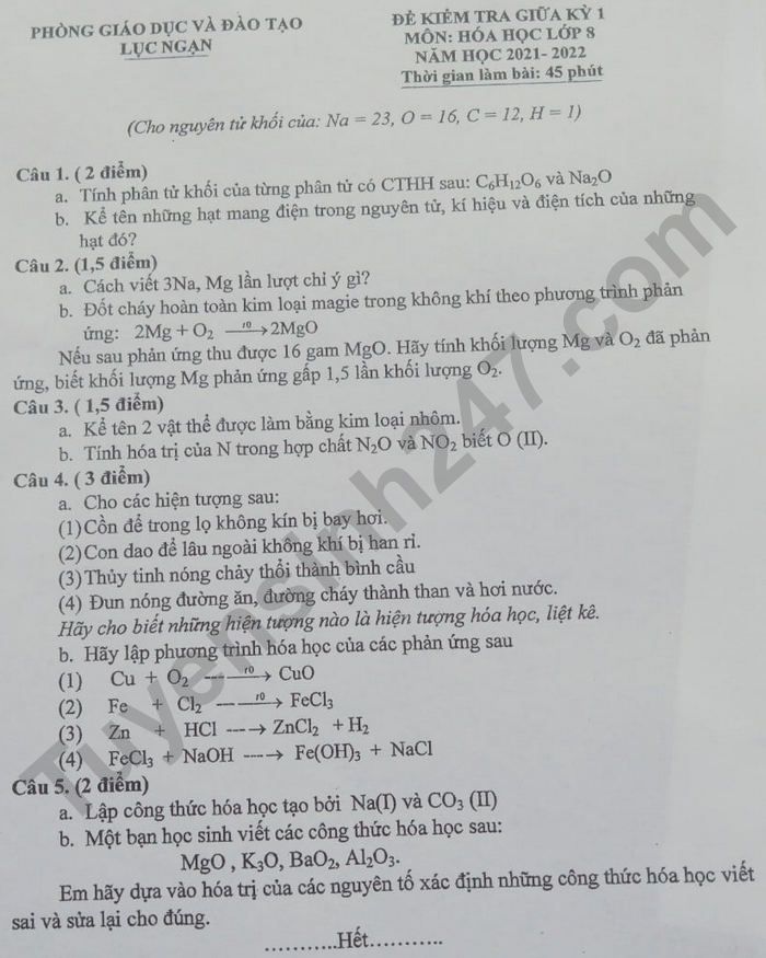 De thi giua ki 1 mon Hoa lop 8 - Phong GD Luc Ngan 2021