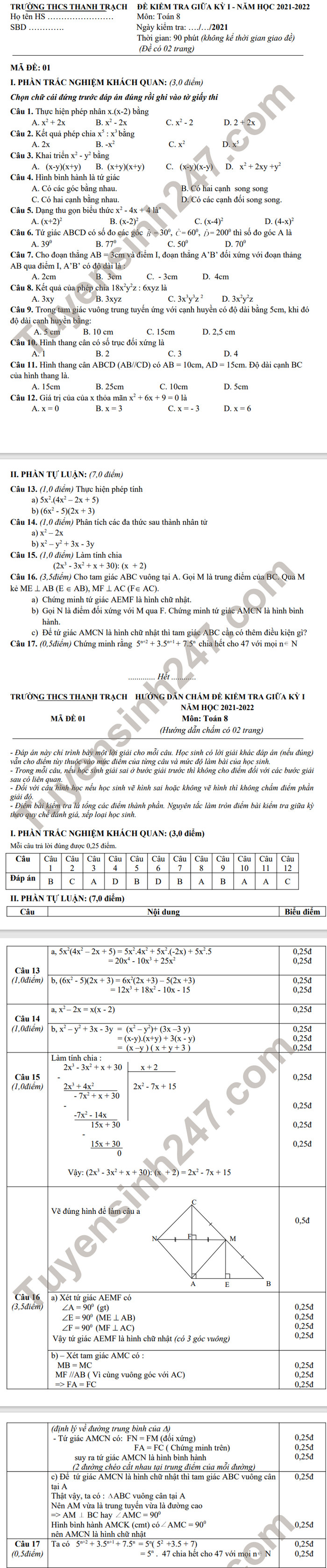 De thi giua ki 1 nam 2021 THCS Thanh Trach - Toan lop 8