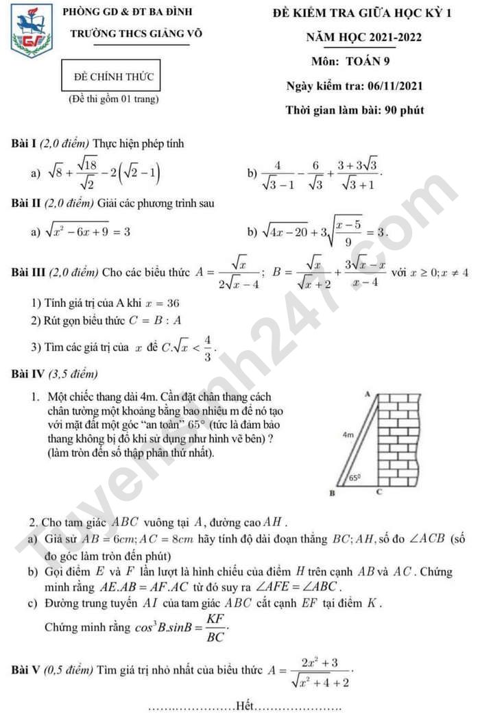 De thi giua hoc ki 1 mon Toan 9 - THCS Giang Vo 2021