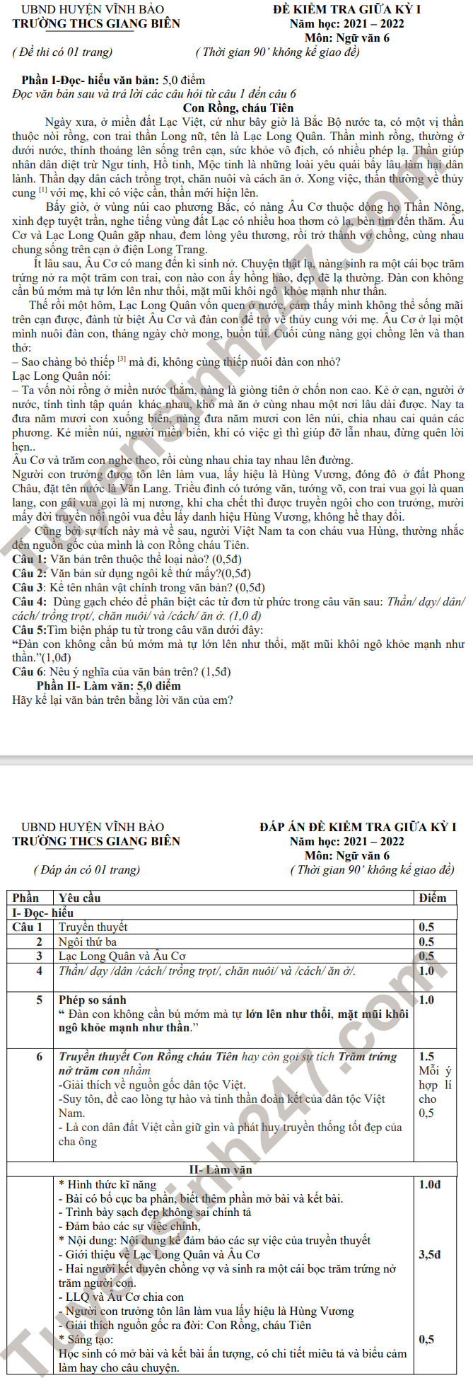 De thi giua ki 1 lop 6 mon Van 2021 - THCS Giang Bien