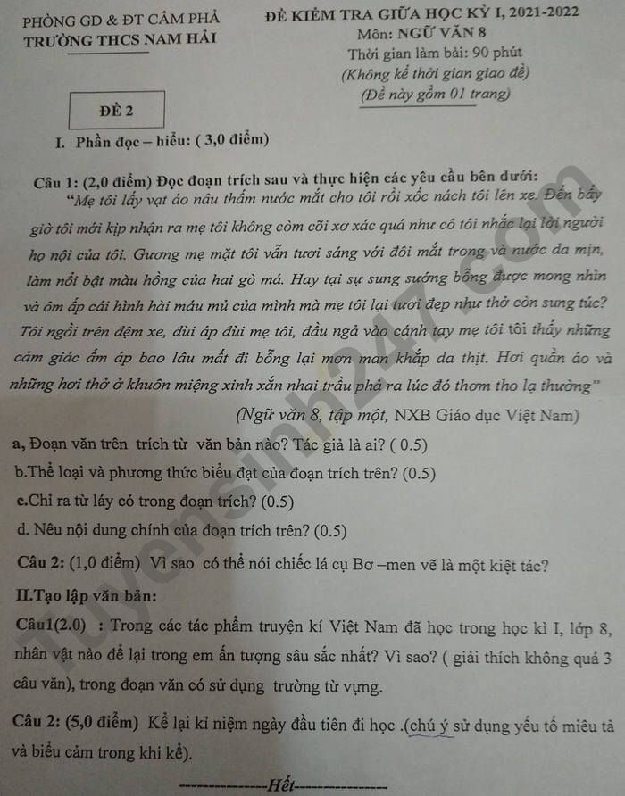 De kiem tra giua ki 1 Van lop 8 - THCS Nam Hai 2021