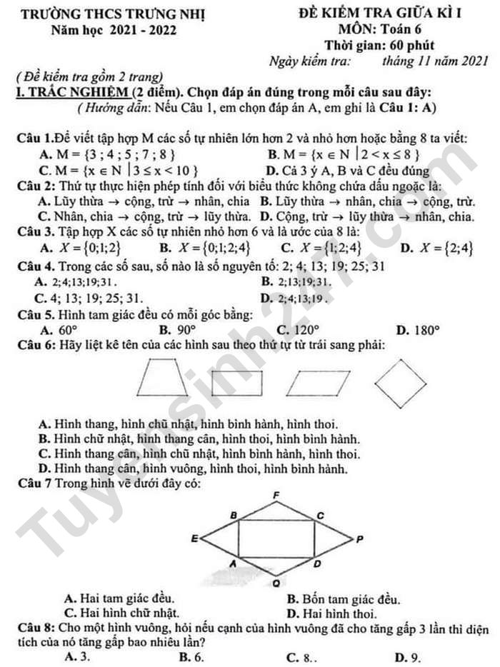 De thi giua ki 1 mon Toan lop 6 - THCS Trung Nhi 2021
