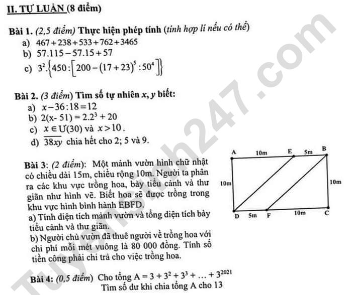 De thi giua ki 1 mon Toan lop 6 - THCS Trung Nhi 2021