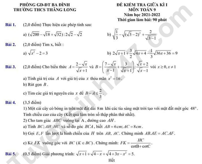 De kiem tra giua ki 1 nam 2021 THCS Thang Long - mon Toan lop 9