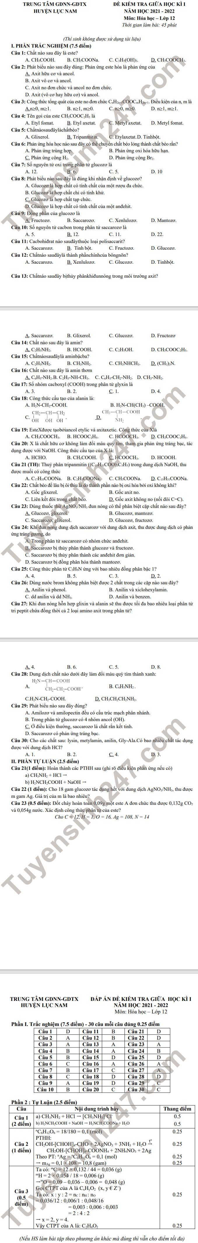 De thi giua ki 1 lop 12 mon Hoa 2021 - TT GDNN GDTX huyen Luc Nam