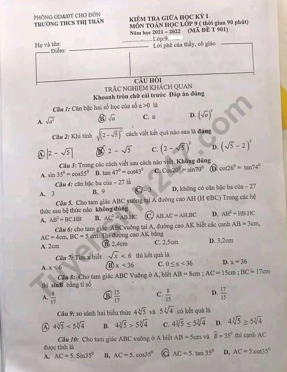 De thi giua ki 1 lop 9 mon Toan - THCS thi tran Cho Don 2021