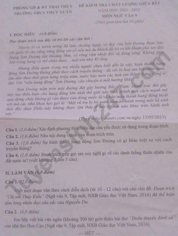 De thi giua ki 1 nam 2021 THCS Thuy Xuan - lop 9 mon Van