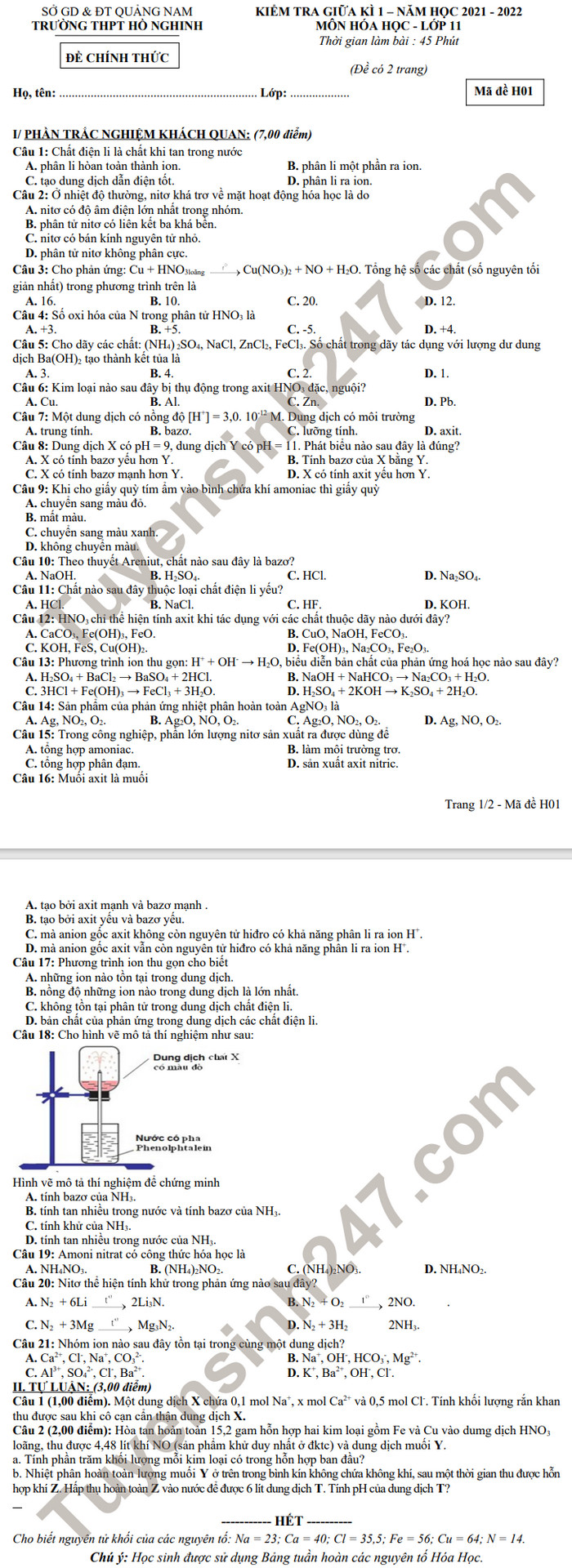 De kiem tra giua ki 1 THPT Ho Nghinh 2021 - Hoa lop 11