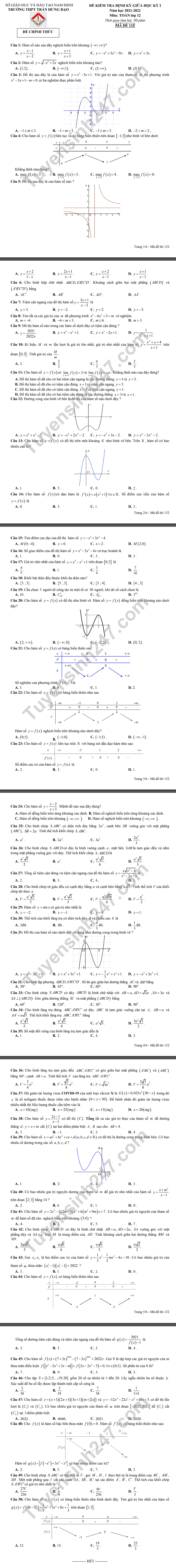 De thi giua ki 1 lop 12 nam 2021 mon Toan - THPT Tran Hung Dao