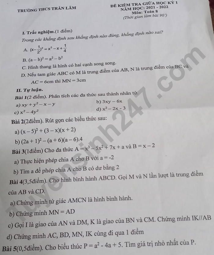De thi giua hoc ki 1 lop 8 mon Toan 2021 - THCS Tran Lam