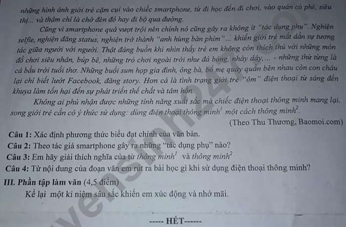 De thi giua ki 1 mon Van lop 8 - THCS My Thuan 2021