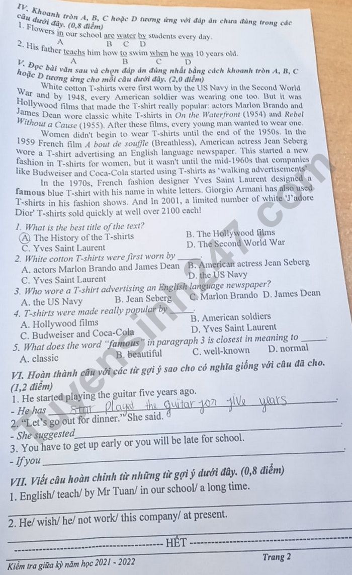 De thi giua ki 1 lop 9 nam 2021 - tinh Lang Son mon Anh