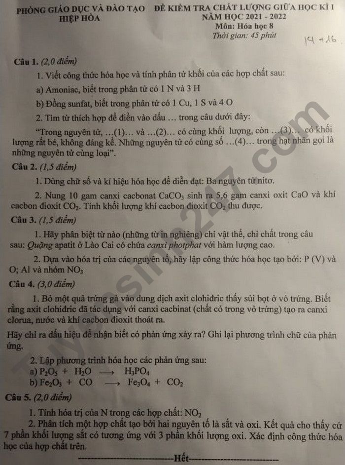 De thi giua ki 1 nam 2021 mon Hoa lop 8 - Phong GD Hiep Hoa