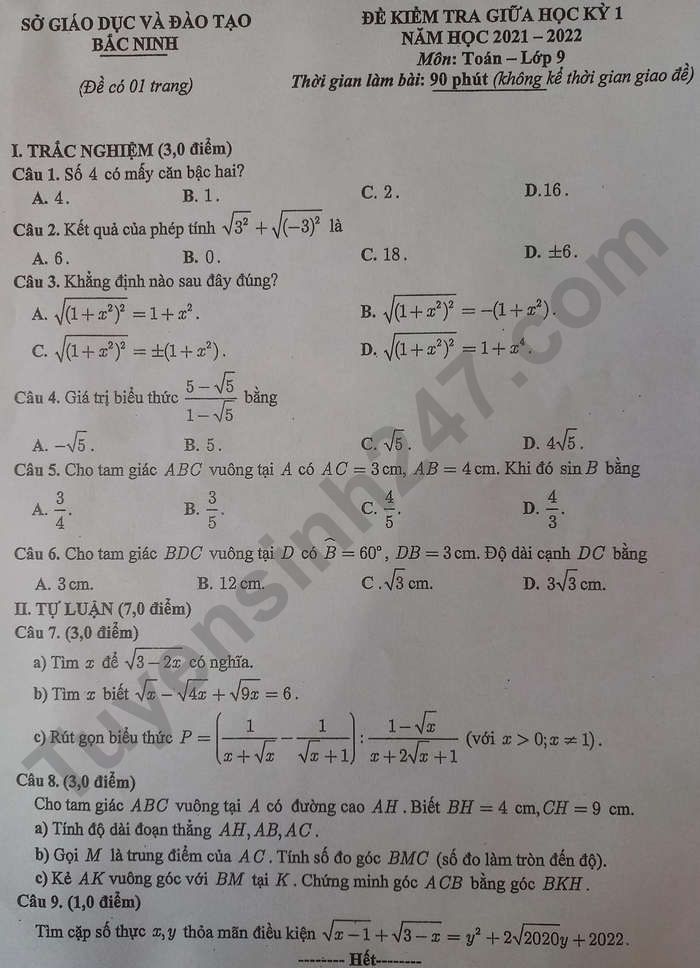 De kiem tra giua ki 1 nam 2021 tinh Bac Ninh - lop 9 mon Toan