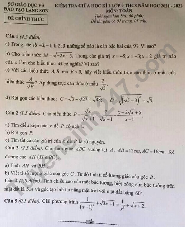 De thi giua ki 1 lop 9 mon Toan 2021 - So GD Lang Son
