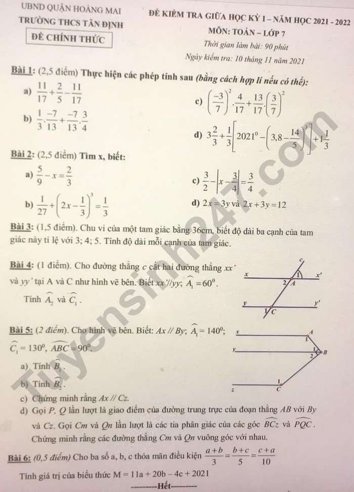 De thi giua ki 1 nam 2021 THCS Tan Dinh - lop 7 mon Toan