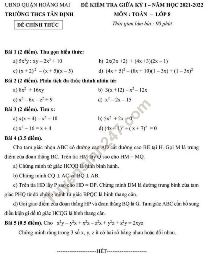 De thi giua ki 1 lop 8 mon Toan - THCS Tan Dinh 2021