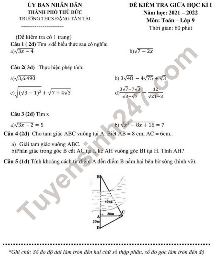 De thi giua ki 1 lop 9 mon Toan 2021 - THCS Dang Tan Tai