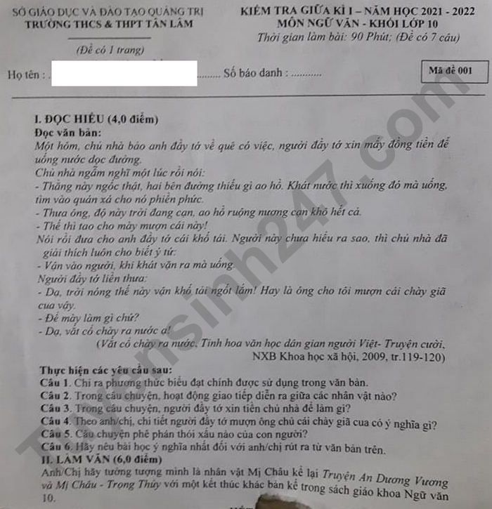 De thi giua ki 1 Van lop 10 - THCS&THPT Tan Lam nam 2021