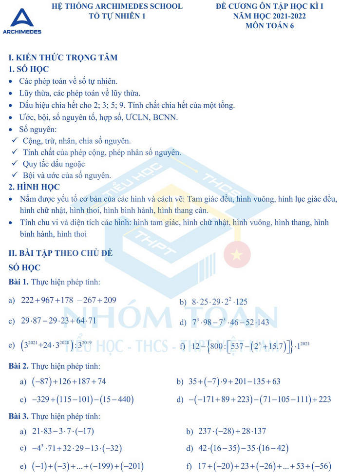 De cuong on tap hoc ki 1 lop 6 mon Toan 2021 - He thong Archimedes School