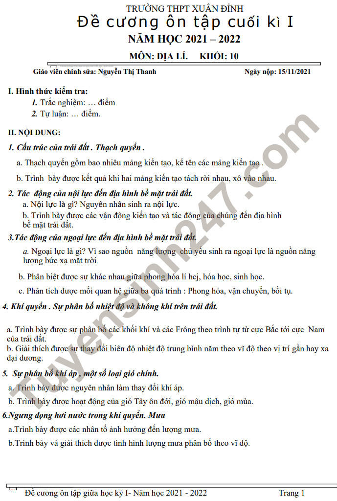 De cuong cuoi hoc ki 1 nam 2021 THPT Xuan Dinh - Dia lop 10