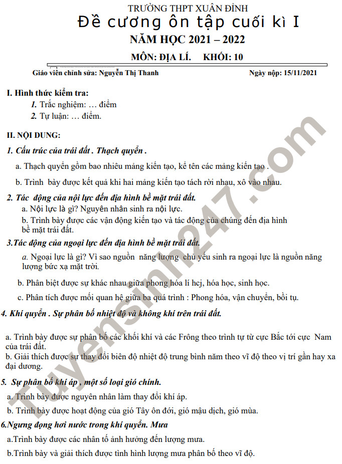 Noi dung on tap hoc ki 1 Dia lop 10 THPT Xuan Dinh 2021