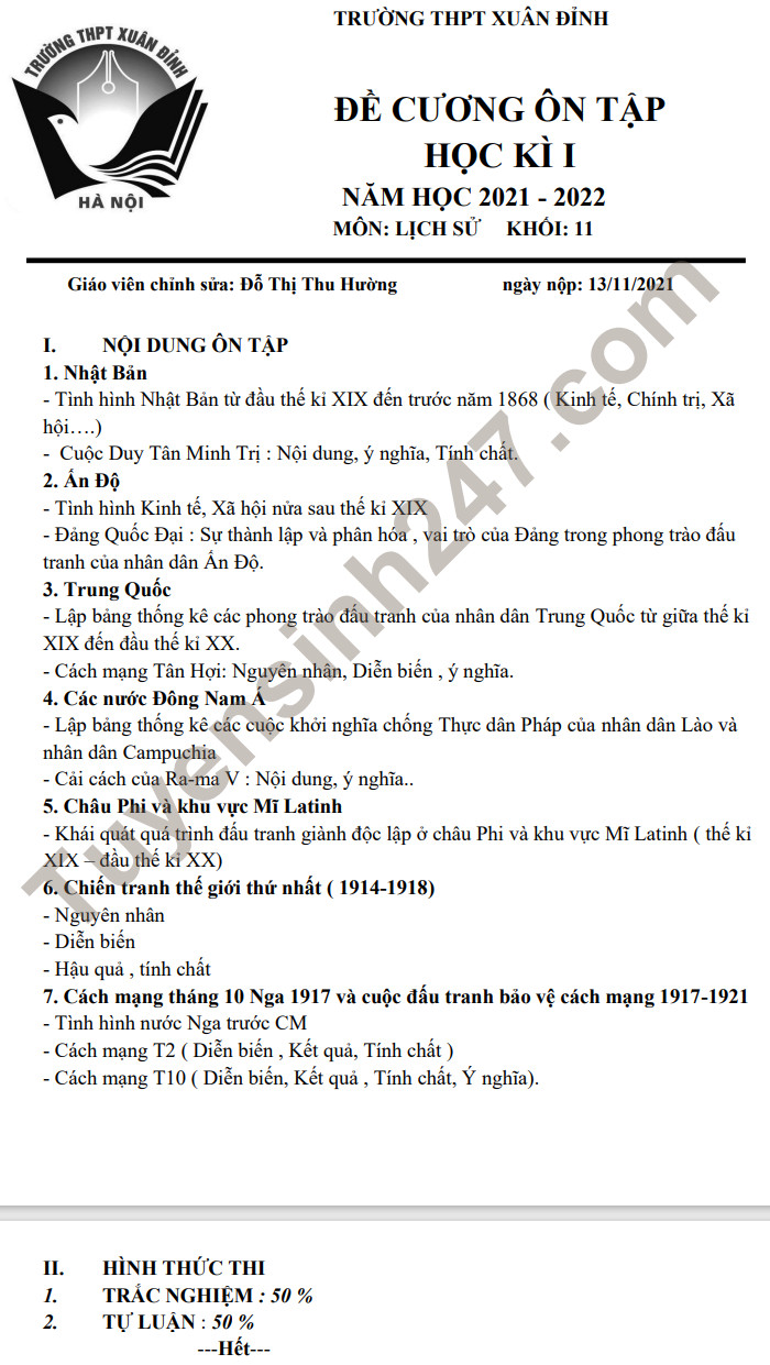 Noi dung thi hoc ki 1 lop 11 nam 2021 THPT Xuan Dinh mon Su