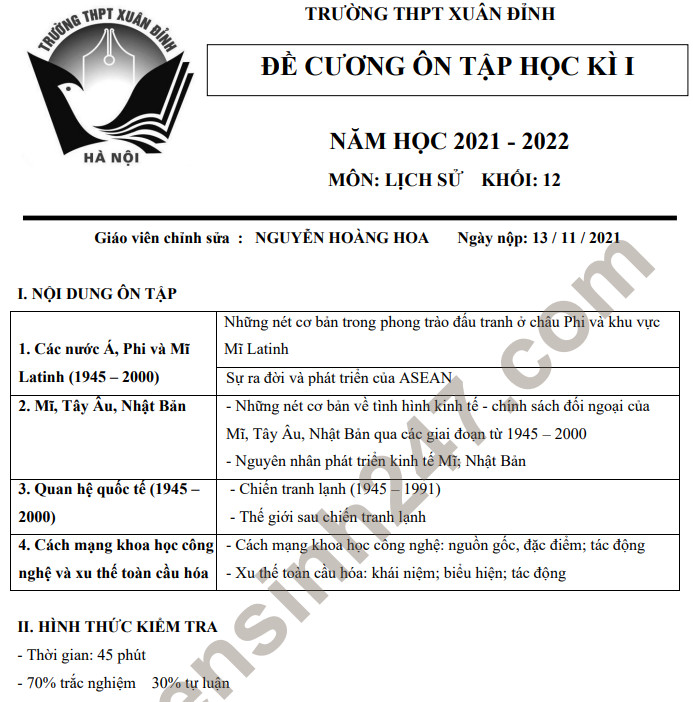De cuong thi hoc ki 1 mon Su lop 12 THPT Xuan Dinh nam 2021