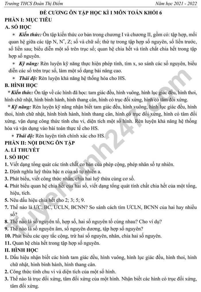 De cuong on tap ki 1 Toan lop 6 - THCS Doan Thi Diem nam 2021