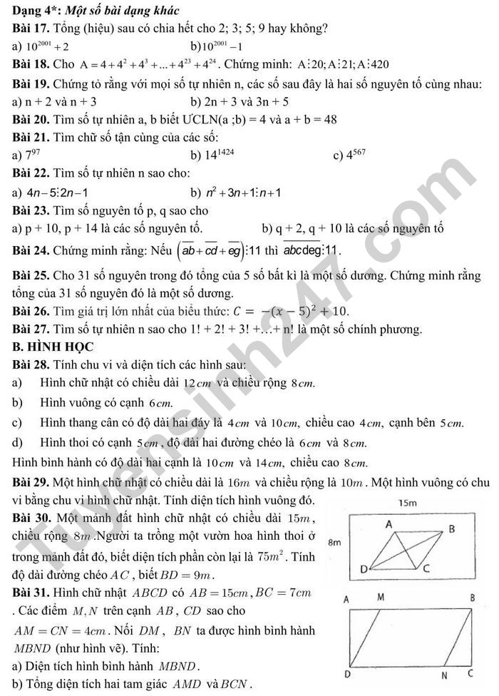 De cuong on tap ki 1 Toan lop 6 - THCS Doan Thi Diem nam 2021