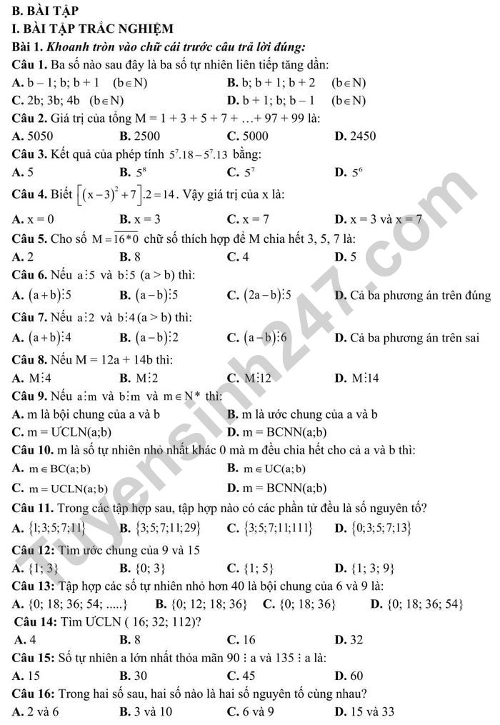 De cuong on tap ki 1 Toan lop 6 - THCS Doan Thi Diem nam 2021