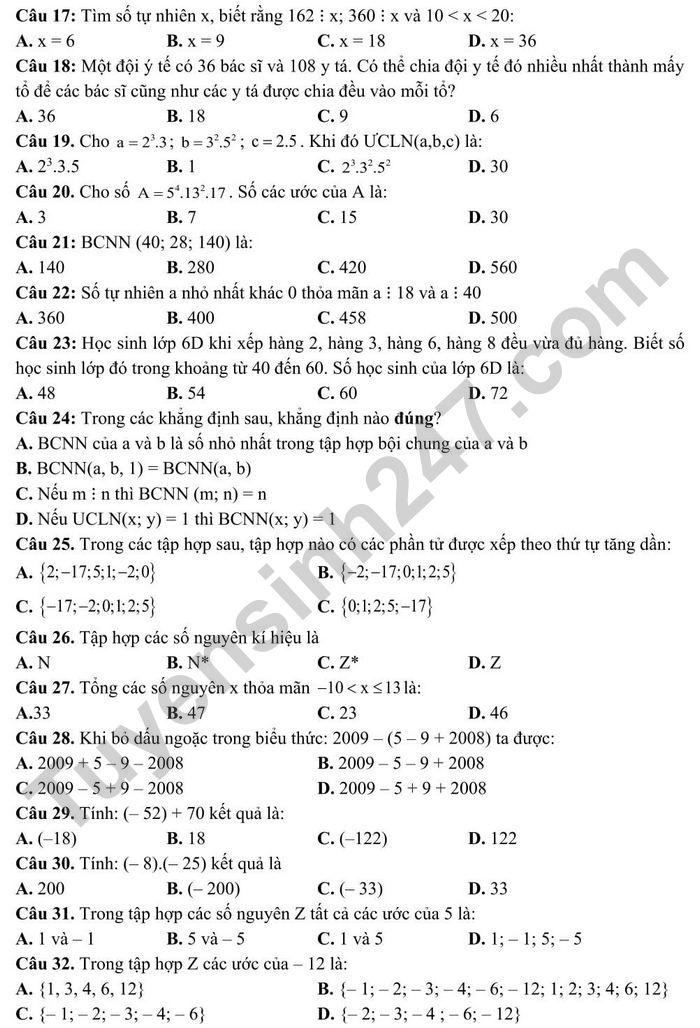 De cuong on tap ki 1 Toan lop 6 - THCS Doan Thi Diem nam 2021