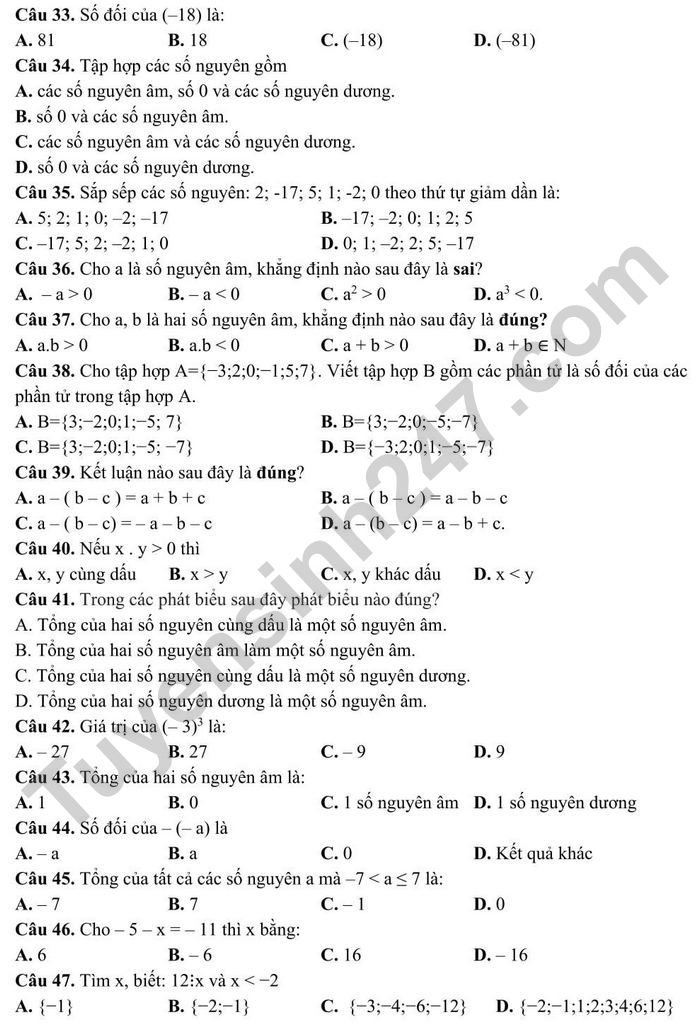 De cuong on tap ki 1 Toan lop 6 - THCS Doan Thi Diem nam 2021