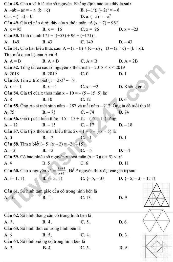 De cuong on tap ki 1 Toan lop 6 - THCS Doan Thi Diem nam 2021