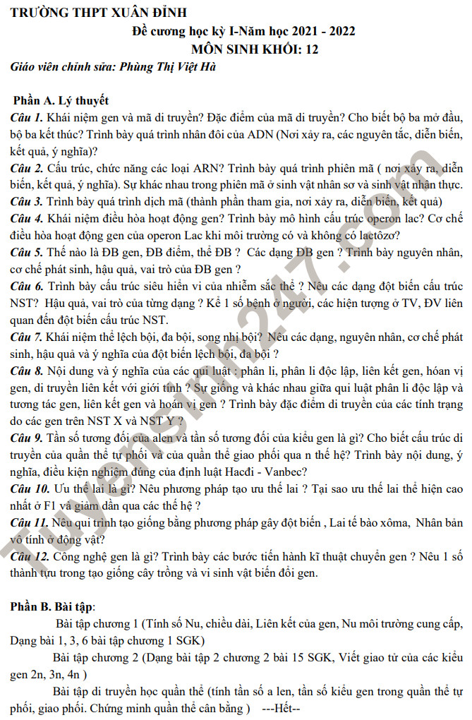 De cuong hoc ki 1 Sinh 12 THPT Xuan Dinh 2021