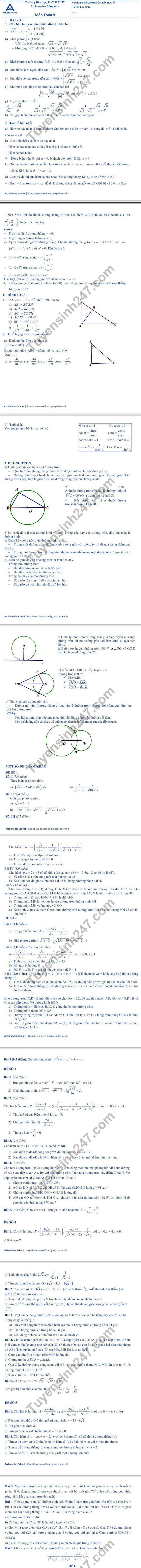 De cuong on tap hoc ki 1 lop 9 mon Toan 2021 - TH, THCS & THPT Archimedes Dong Anh