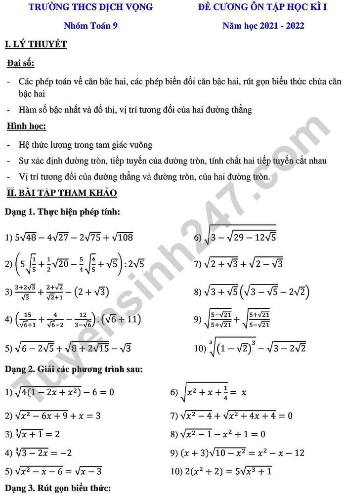De cuong thi hoc ki 1 nam 2021 THCS Dich Vong - lop 9 mon Toan