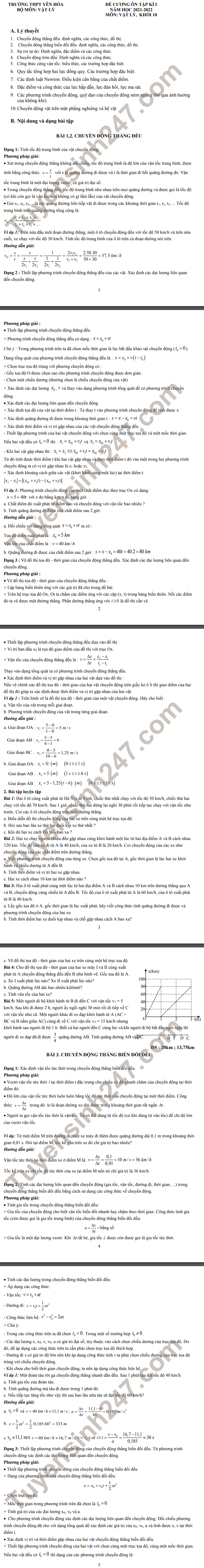 De cuong on tap ki 1 lop 10 mon Ly 2021 - THPT Yen Hoa